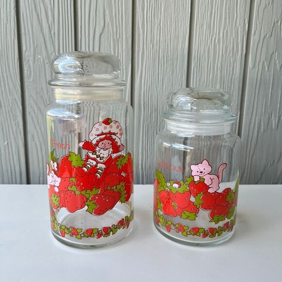 VTG 80s Anchor Hocking Strawberry Shortcake Glass Canister Set w/ Lids USA - Picture 1 of 9